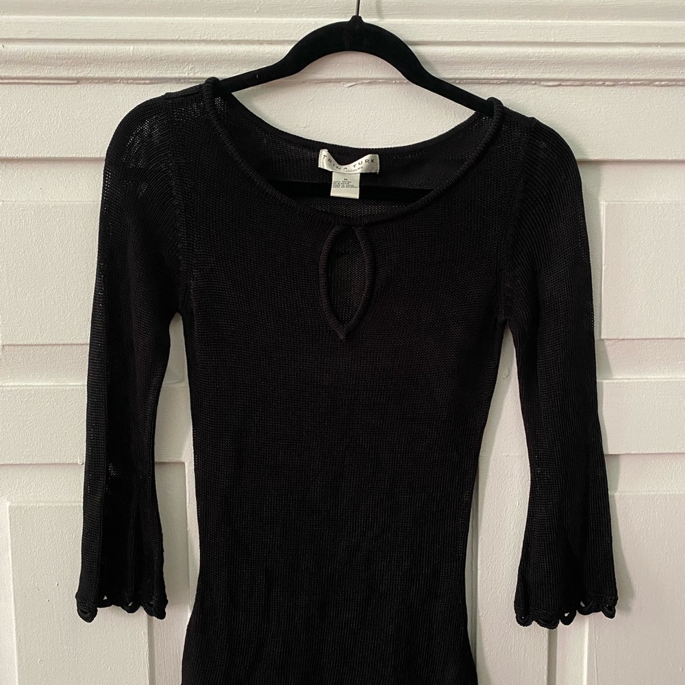 Trina Turk Black Sheer Knit Keyhole Long Sleeve Top Vintage - Picture 6 of 7